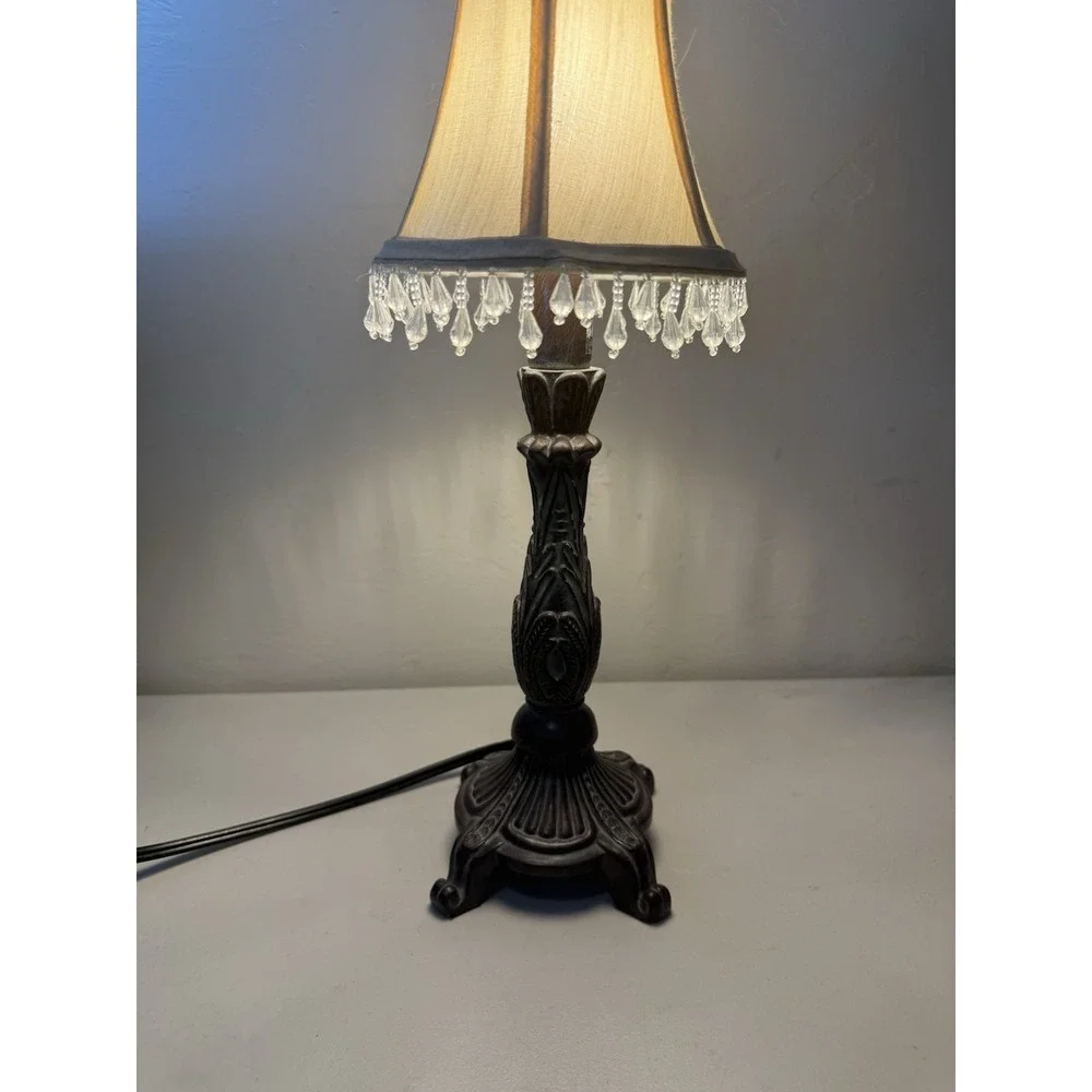 Vintage Accent Table Lamp With Beaded Fringe Bell Shade Resin Base Ornate